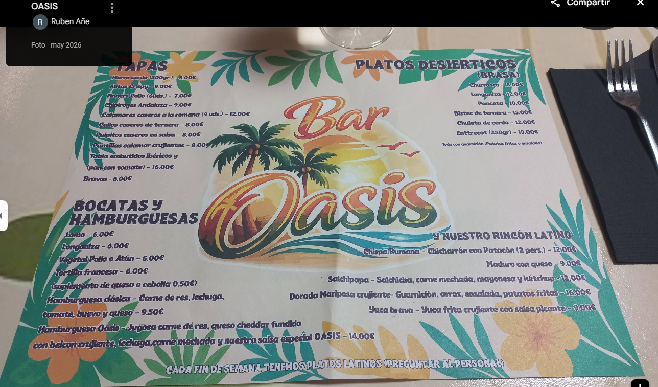 Carta de OASIS, bar restaurante en Balaguer, con tapas, bocatas, hamburguesas, platos a la brasa y rincón latino